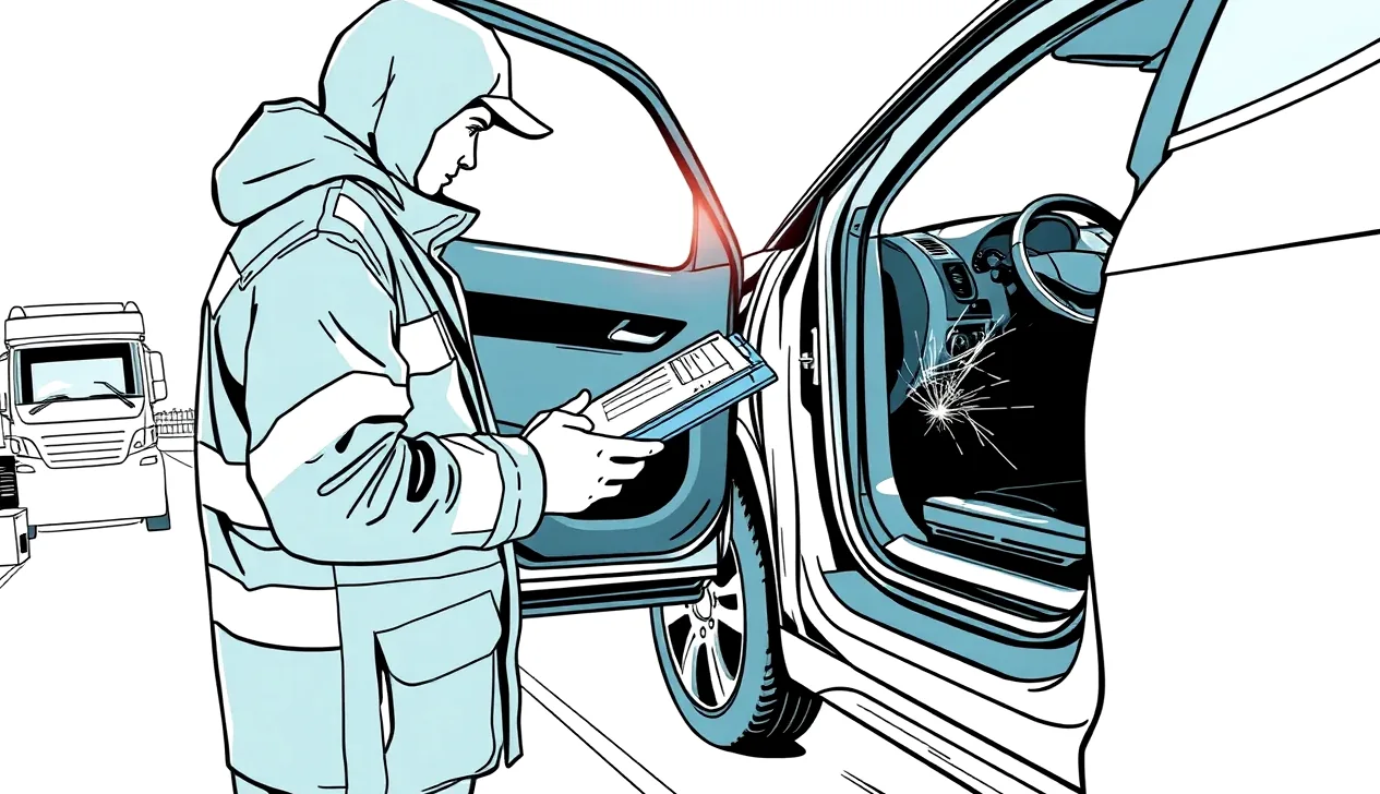 Dopravný policajt kontroluje doklady a zelenú kartu vodiča pri cestnej kontrole